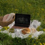relaxing outdoor picnic with laptop and snacks
